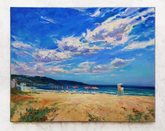 Sea coast - Croatian landscape painting Original Seascape painting Large Blue sky oil painting bay area art work