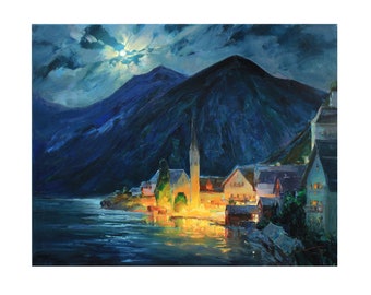 Hallstatt, Austria  - Original Oil Landscape Painting, Austria night cityscape, Impasto Wall Art, European Cityscape