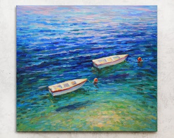 Moored Rowing Boats - Original oil painting, Wood boat seascape, Landscape Impasto painting, Impressionism Coastal artwork