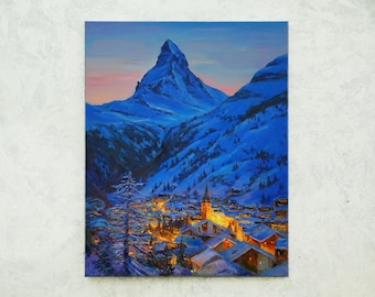 Cervino, Svizzera - dipinto originale di paesaggio montano Alpi Pittura a olio Svizzera montagne