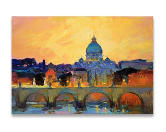 St. Angelo Bridge in Rome, Italy- Original oil painting Italian landscape Impasto painting contemporary on canvas