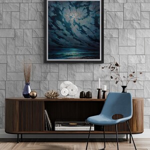 May include: A dark wood cabinet with a record player, a blue chair, and decorative items on top. The cabinet has a wood grain pattern and a curved front. The chair has a black metal frame and a blue fabric seat. The decorative items include a vase with dried flowers, a coral sculpture, and a white ceramic sculpture.
