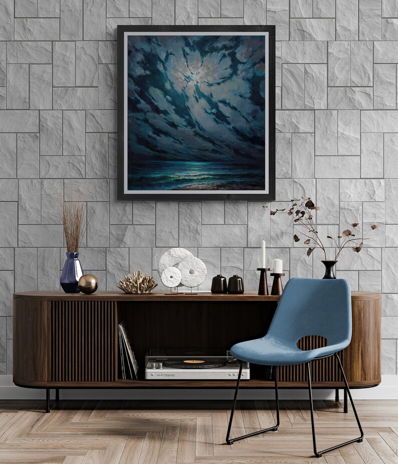 May include: A dark wood cabinet with a record player, a blue chair, and decorative items on top. The cabinet has a wood grain pattern and a curved front. The chair has a black metal frame and a blue fabric seat. The decorative items include a vase with dried flowers, a coral sculpture, and a white ceramic sculpture.