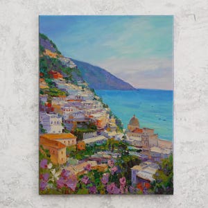 Amalfi Coast Italy - original impasto landscape painting textured Oil painting night coast of Pozitiano