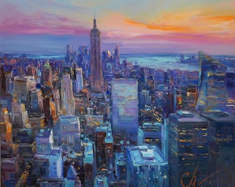 New York view from the rooftops - original urban landscape painting impasto Oil painting Urban buildings evening city lights