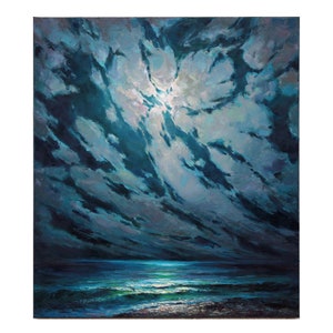 May include: A painting of a dark blue sky with white clouds and a bright moon shining through. The ocean is a dark blue with white waves and a sandy beach in the foreground.