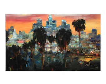 Panorama Los Angeles - original urban landscape painting impasto Oil painting Urban buildings evening cityscape