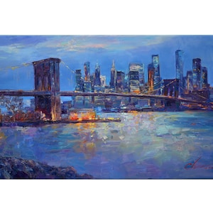Brooklyn bridge view, New York - original urban landscape painting impasto Oil painting Urban buildings evening cityscape