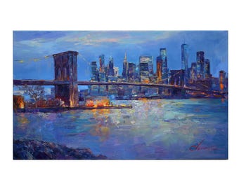 Brooklyn bridge view, New York - original urban landscape painting impasto Oil painting Urban buildings evening cityscape