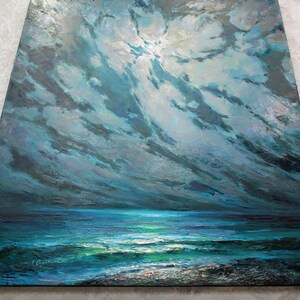 May include: A painting of a stormy seascape with dark blue and green hues. The sky is filled with dramatic clouds, and the ocean is choppy with whitecaps. The sun is setting in the distance, casting a warm glow on the water.