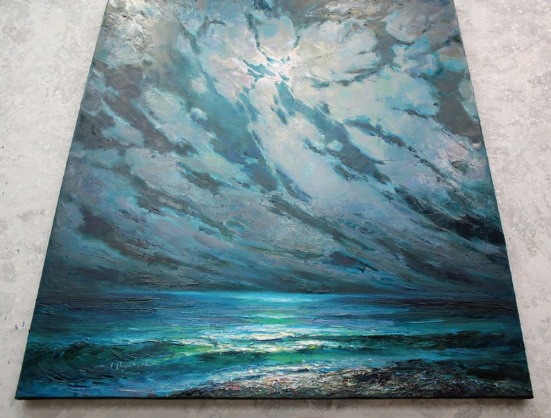 May include: A painting of a stormy seascape with dark blue and green hues. The sky is filled with dramatic clouds, and the ocean is choppy with whitecaps. The sun is setting in the distance, casting a warm glow on the water.