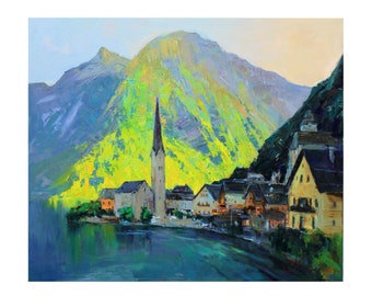 Hallstatt, Austria  - Original Oil Landscape Painting, Austria cityscape, Impasto Wall Art, European Cityscape