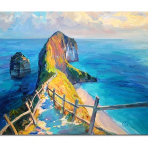 Costa Nusa Penida, Bali - Pittura di paesaggio indonesiano originale Pittura balinese, Pittura verde strutturata Pittura a olio Paesaggio marino tropicale