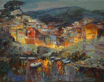 Riomaggiore, Cinque terre - Italian Landscape painting Original impasto landscape painting textured Oil painting Italy wall art