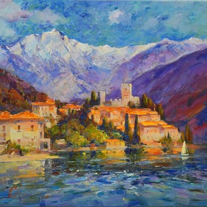 Evening in San Siro, Lake Como, Italy – Original Oil Painting, Italian Lakeside Village, Snowy Mountains, Sunlit Landscape Wall Art