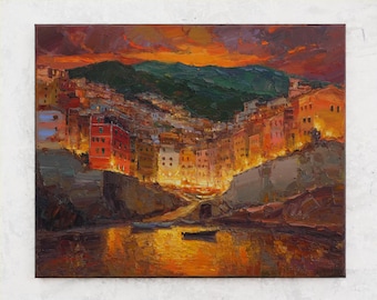 Riomaggiore, Cinque terre - Italian Landscape painting Original impasto landscape painting textured Oil painting Italy wall art