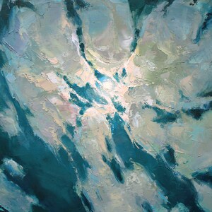 May include: Abstract painting with a teal and white color scheme. The paint is applied in thick strokes, creating a textured surface. The painting has a dynamic and energetic feel.