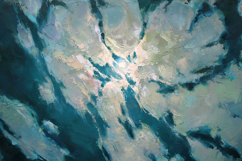 May include: Abstract painting with a teal and white color scheme. The paint is applied in thick strokes, creating a textured surface. The painting has a dynamic and energetic feel.
