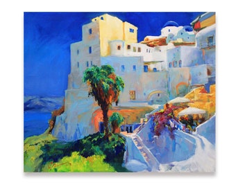 Santorini grekisk - Original europeisk landskapsmålning Impasto Santorini Grekland texturerad oljemålning grekisk väggkonst