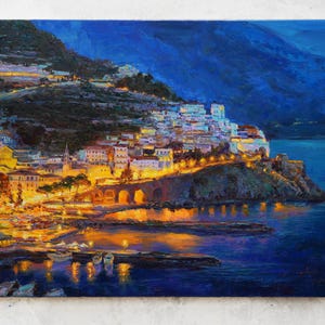 Amalfi Coast Italy - original impasto landscape painting textured Oil painting night coast of Amalfi