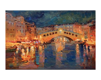 Venice Italy - Italian impasto Landscape painting Rialto Bridge Original painting textured Oil painting Italy wall art
