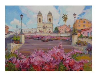 rinita dei Monti Rome – Italian Architecture Art, Architecture impasto Painting, Original Italy Artwork