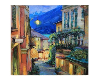 Bellagio streets Italy - Italian Landscape painting Original impasto Lake Como painting textured Oil painting Italy wall art