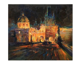 Veilleuses de Prague - empâtement original de peinture de paysage, peinture à l'huile texturée, paysage urbain de Prague, art de l'architecture
