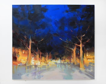 Night City Street - Origineel straatlandschapsschilderij, stedelijke canvaskunst, hedendaagse kunst op canvas