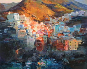 Riomaggiore, Cinque terre - Italian Landscape painting Original impasto landscape painting textured Oil painting Italy wall art