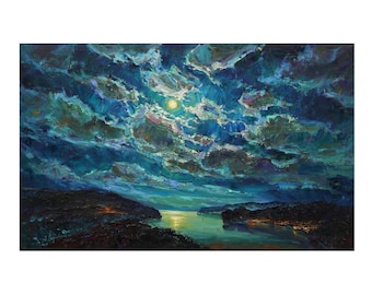 赤い月のある夜の海景 - 夜のオリジナル油絵、暗い海の風景、夜空の絵