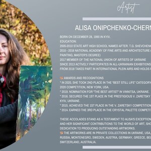 May include: A portrait of Alisa Onipchenko-Cherniakovska, a Ukrainian artist. The image includes a text description of her artistic career, education, and awards. The text mentions that she is a member of the National Union of Artists of Ukraine and has participated in international plein air events. The image also shows a painting held by the artist.