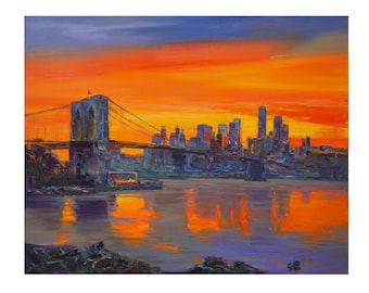 Evening Brooklyn bridge, New York - original urban landscape painting impasto Oil painting Urban buildings Reflections in Water