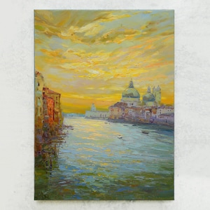 Canal Grande di Venezia - Dipinto originale a olio di paesaggio, arte murale, paesaggio urbano italiano, costa serale