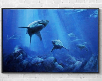 波とサメの油絵 サメの大きな油絵 海洋壁アート ホホジロザメ キャンバス 海洋生物