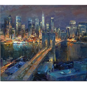 Evening Brooklyn bridge, New York - original urban landscape painting impasto Oil painting Urban buildings evening cityscape