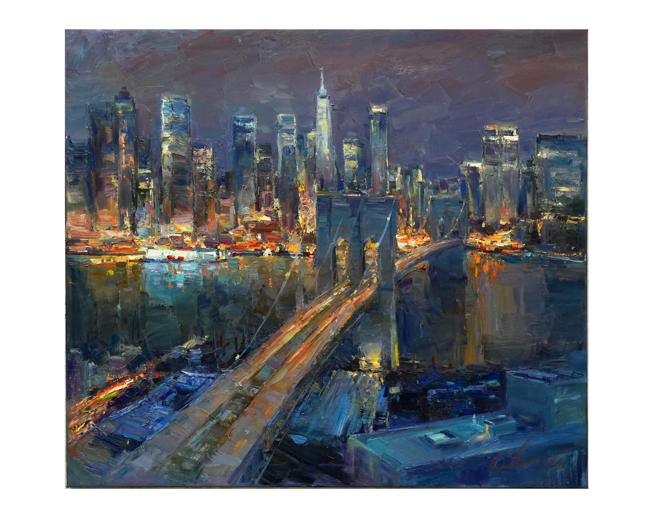 Evening Brooklyn bridge, New York - original urban landscape painting impasto Oil painting Urban buildings evening cityscape
