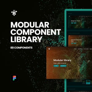 May include: A digital design showcasing a modular component library with 88 components. The design features a dark background with white text, and a teal and brown colour scheme. The text "Modular Component Library" is prominently displayed.