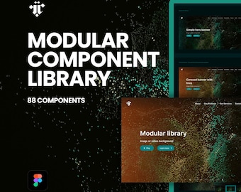 May include: A digital design showcasing a modular component library with 88 components. The design features a dark background with white text, and a teal and brown colour scheme. The text "Modular Component Library" is prominently displayed.