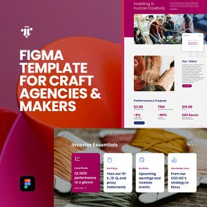 May include: A Figma template for craft agencies and makers. The design features a vibrant colour scheme with red, pink, and white elements. The text includes "Investing in Human Creativity" and financial data. Additional sections include "Investor Essentials".