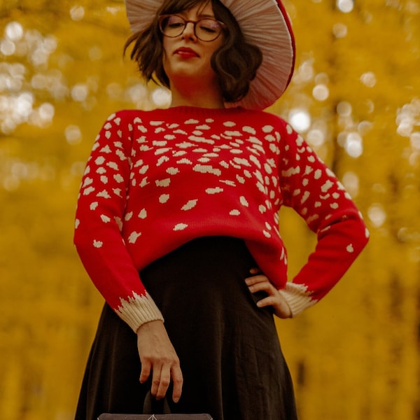 Sweter robiony ręcznie na drutach z grzybów, akrylowy, wegański, na Halloween, Boże Narodzenie, jesień, czarownica, czarodziej