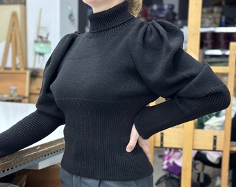 Victorian ladies sweater 1897 leg of mutton cycling jumper black seamless thin yarn