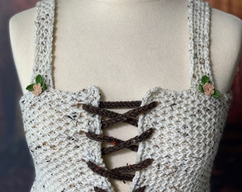 Cottagecore white tweed corset Outlander handknitted vest fairytale bralette medieval crop top