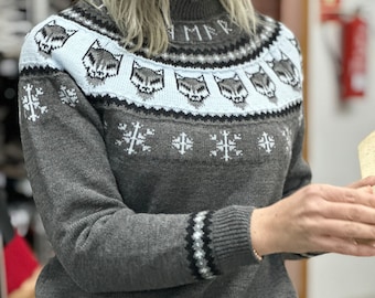 Wolves, viking runes and snowflakes handmade sweater jumper. Acrylic Vegan Wool, winter yule  Witch Wizard