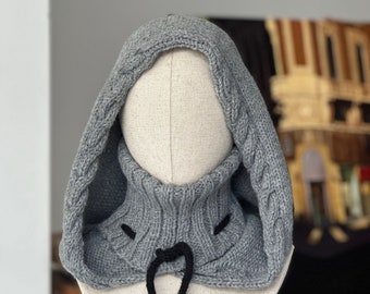 Magical hood sorcery gray vegan wool hand knitted witch hat wizard druid medieval mystic