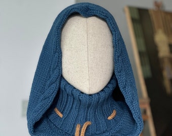 Hand knitted magic cowl blue Vegan hood Wool Witch Hat Wizard Druid Mystic Medieval