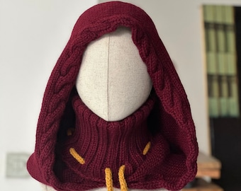 Magical hood sorcery burgundy vegan wool hand knitted witch hat wizard druid medieval mystic