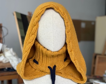 Hand Knit Vegan Wool Hood: Mustard Medieval Magic Druid