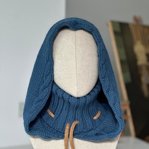 Handgestrickte magische Haube Blau Vegan Kapuze Wolle Hexenhut Magier Druide Mystiker Mittelalter