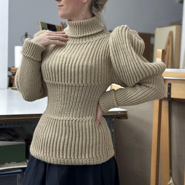 Victorian ladies sweater 1897 leg of mutton cycling jumper beige reproduction hand knitted with acrylic vegan wool